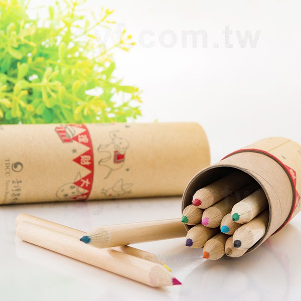 彩色鉛筆-牛皮紙圓筒廣告印刷禮品-原木環保廣告筆-12色採購客製印刷贈品筆-8430-7